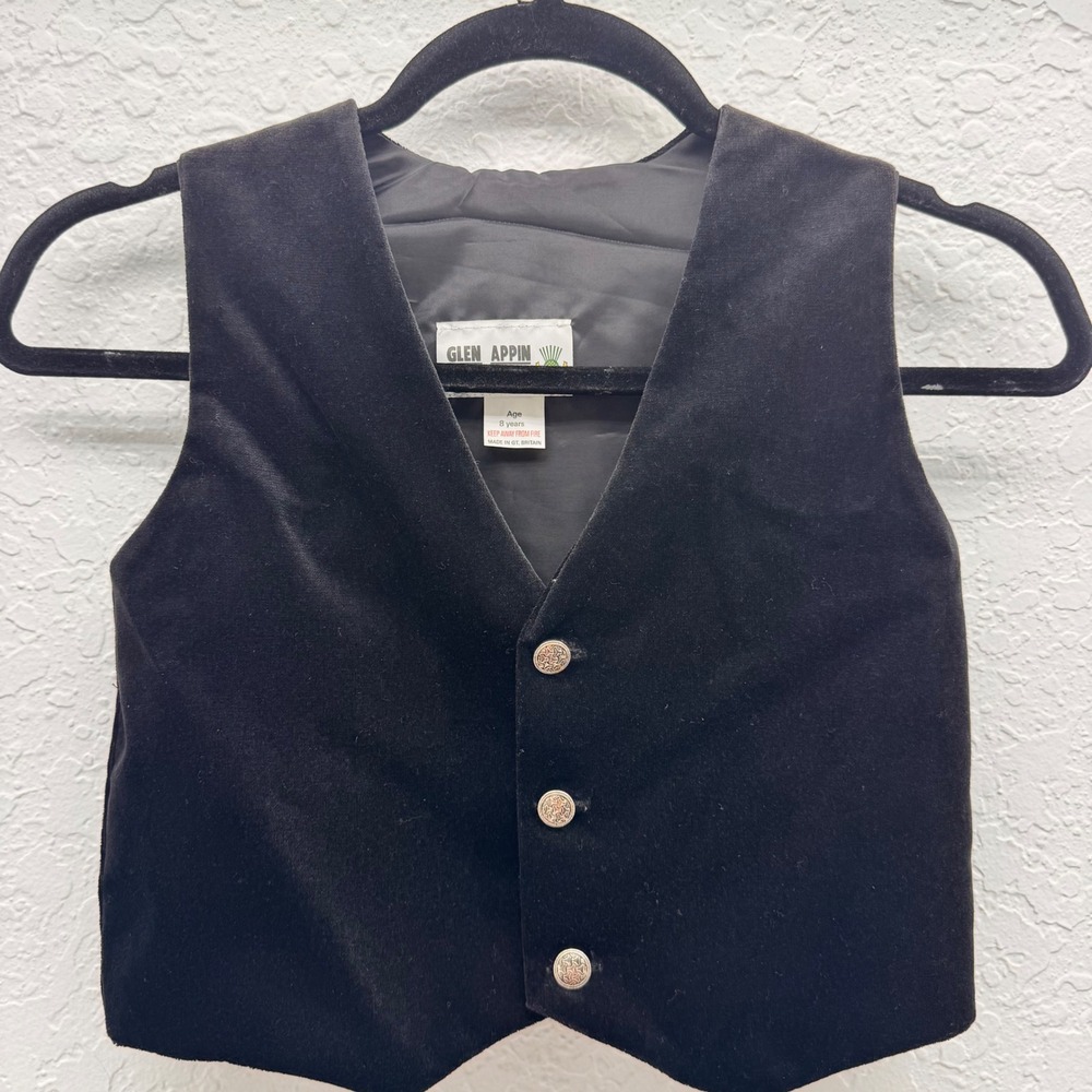 Vintage Glen Appin Scotland Boys Black Velvet Waistcoat Celtic Buttons Age 8 UK